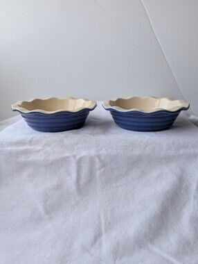 Emile Henry Le Potier Blue Ceramic Individual Pie Plate Baker Dishes - 2